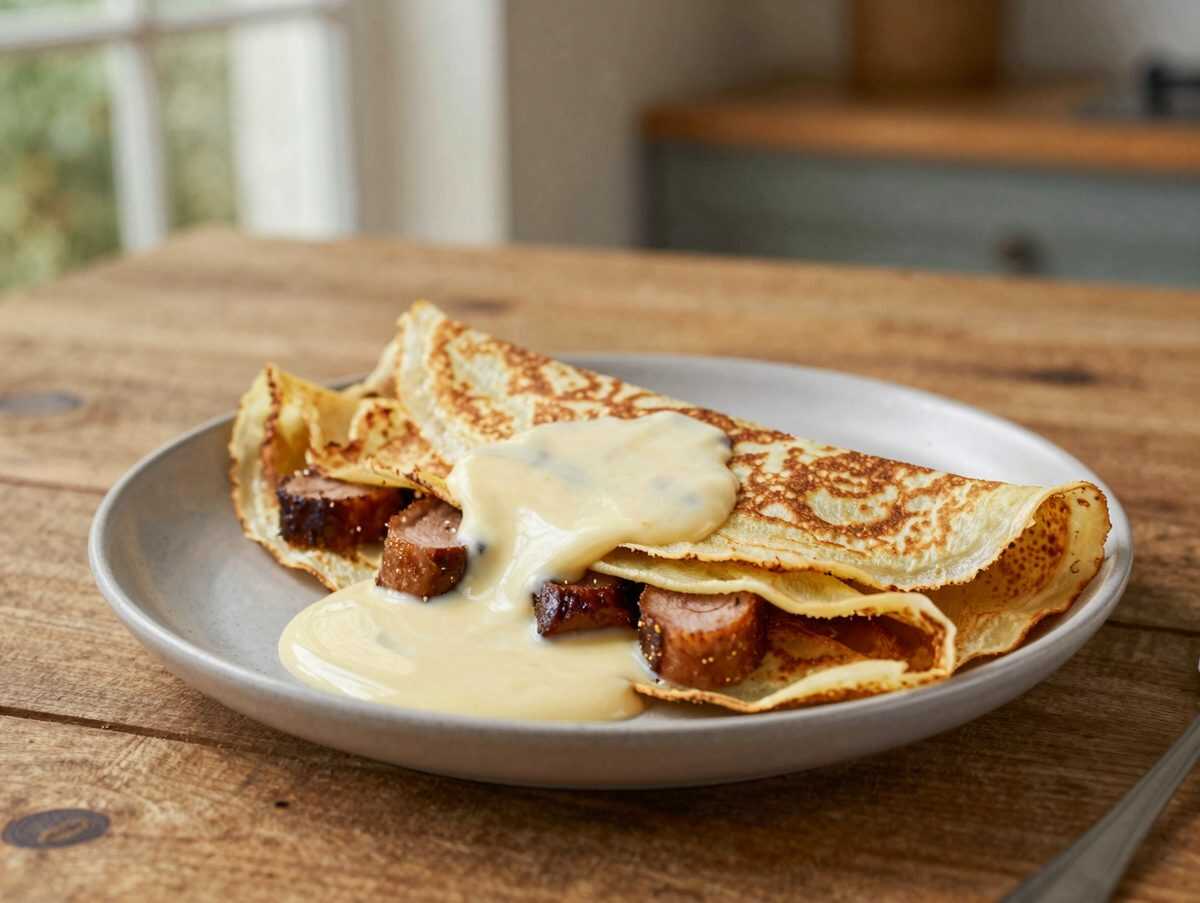 Überbackene Schinken-Champignon-Crêpes in cremiger Käsesauce – herrlich einfach und unwiderstehlich