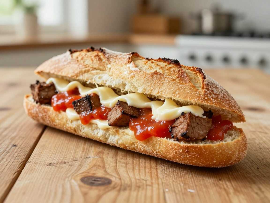 Überbackenes Hackbällchen-Baguette mit Tomatensauce und Mozzarella
