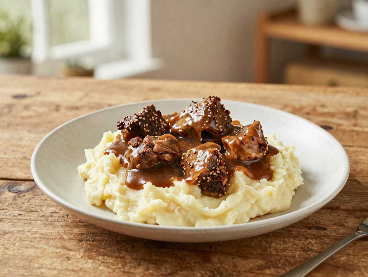 Zart geschmortes Rindfleisch in kräftiger Sauce mit cremigem Kartoffelpüree
