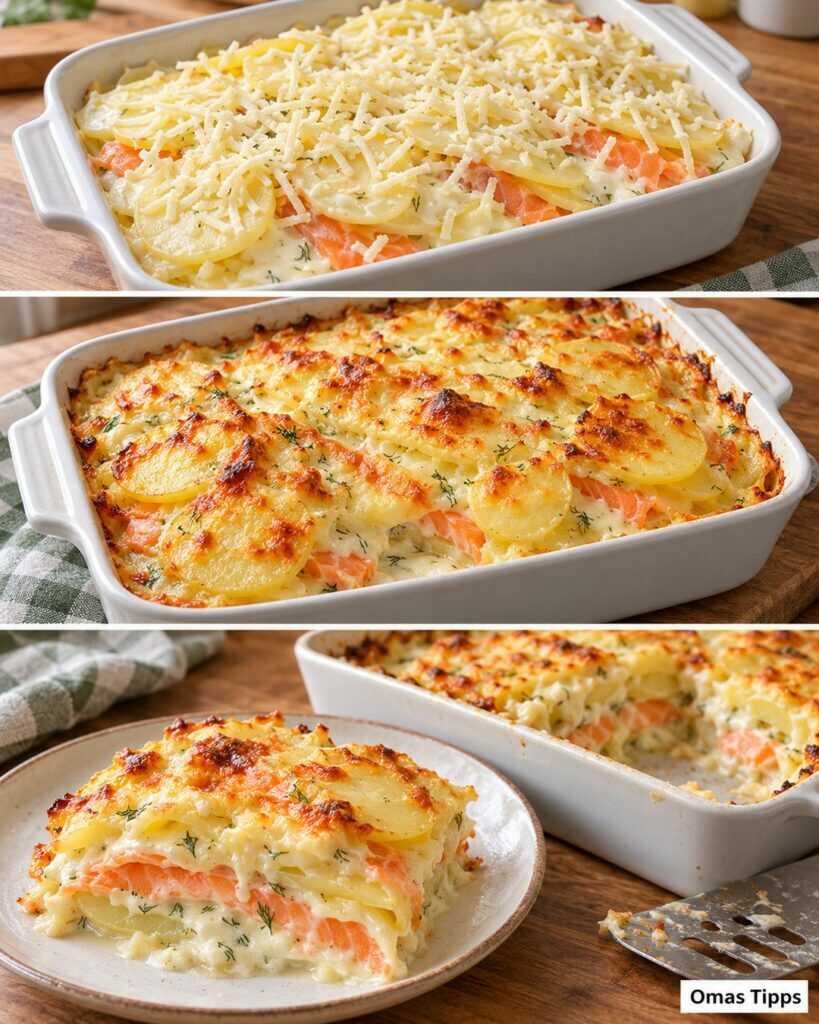 Cremiges Kartoffel-Lachs-Gratin: Goldene Käsekruste und zarte Schichten aus dem Ofen