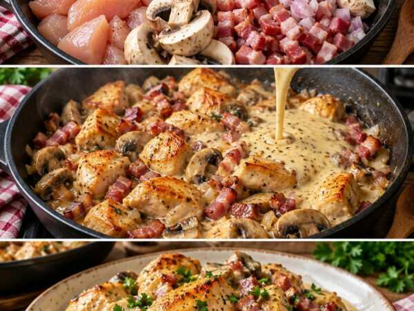 Cremiges Hähnchen in Senfsauce mit Champignons und Speck