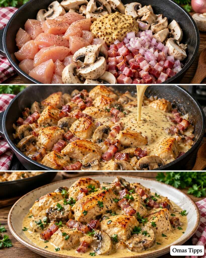 Cremiges Hähnchen in Senfsauce mit Champignons und Speck