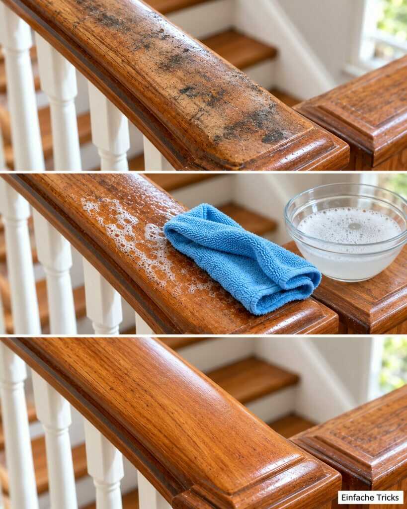 Treppengeländer reinigen: Mit Seifenwasser und Mikrofasertuch wird schmutziges Holz wieder sauber
