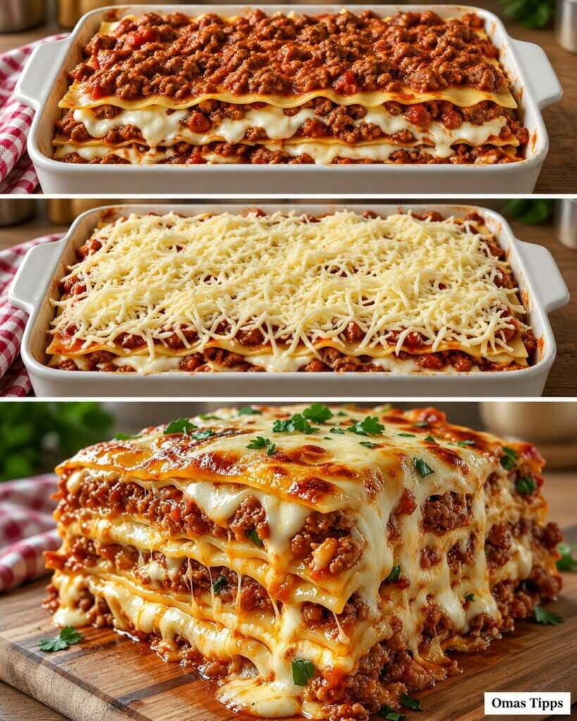 Cremige Lasagne mit würziger Hackfleischsoße – goldbraun aus dem Ofen