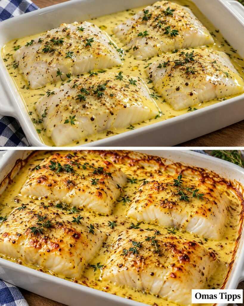 Saftiger Kabeljau aus dem Ofen in cremiger Zitronen-Senf-Sauce – einfach, zart und unglaublich aromatisch