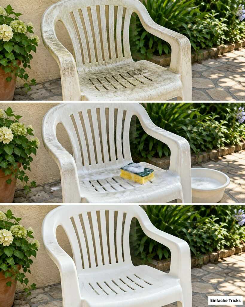 Vergilbte Gartenstühle reinigen: So wird weißer Kunststoff wieder ansehnlich