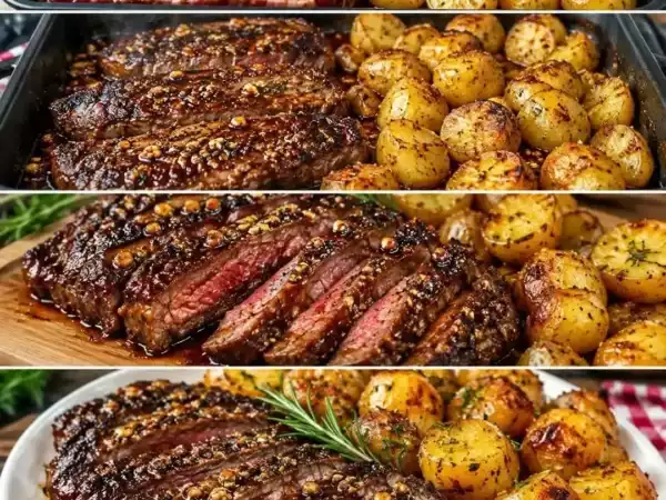 Saftiges Knoblauch-Steak mit knusprigen Ofenkartoffeln – ein herzhaftes Familienessen vom Blech