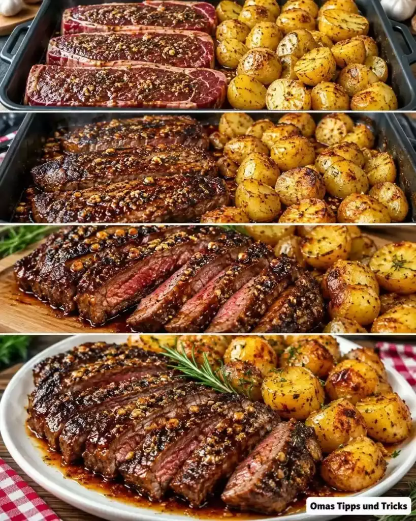 Saftiges Knoblauch-Steak mit knusprigen Ofenkartoffeln – ein herzhaftes Familienessen vom Blech