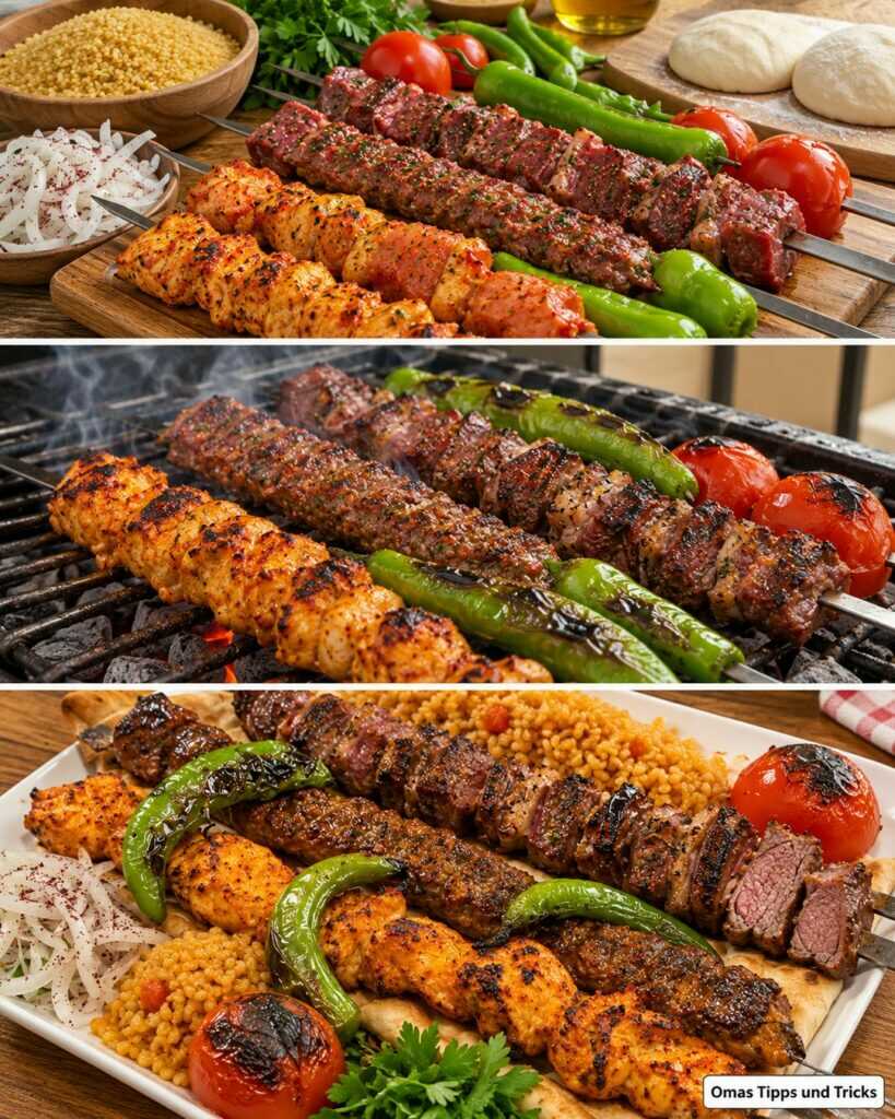Türkischer Grillteller für zu Hause: Saftige Hähnchen- und Fleischspieße mit Bulgur