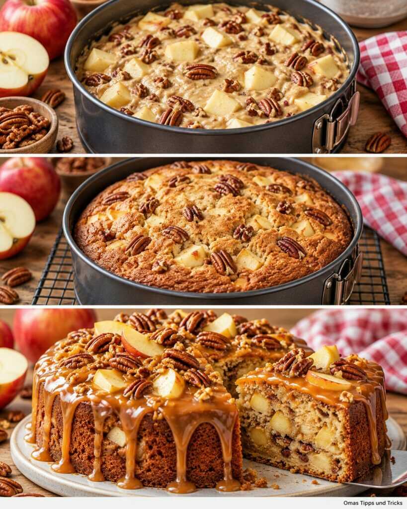 Saftiger Apfel-Pekannuss-Kuchen mit glänzendem Karamellguss