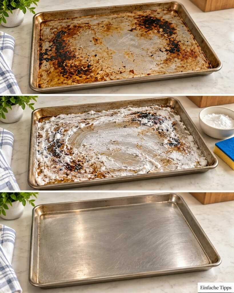 Backblech voller eingebrannter Flecken? So lösen Sie Fett und Krusten mit einfachen Mitteln