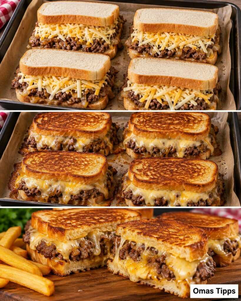 Knusprige Cheeseburger-Sandwiches mit Hackfleisch und Schmelzkäse