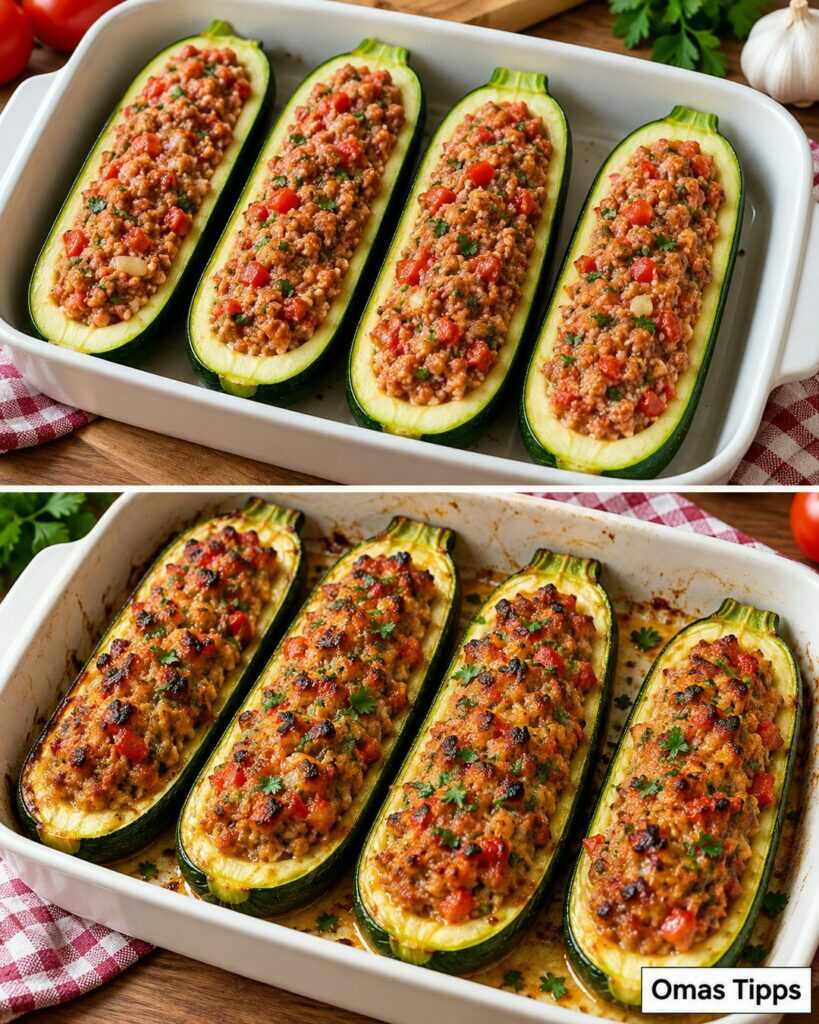 Saftige gefüllte Zucchini aus dem Ofen – herzhaft, würzig und herrlich überbacken