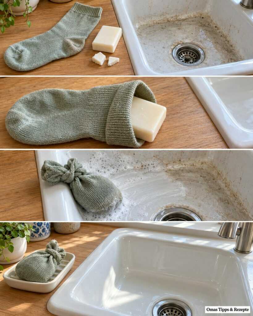 Alte Socke und Seifenreste: So wird daraus ein praktischer Putzhelfer für die Spüle