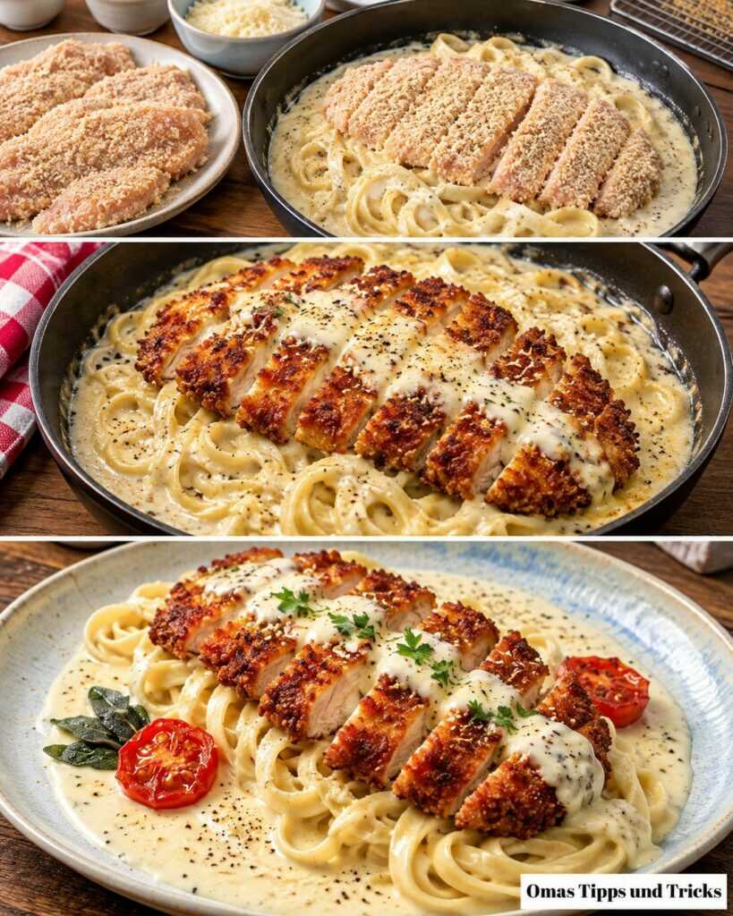 Knuspriges Parmesan-Hähnchen mit cremiger Knoblauch-Pasta – ein unwiderstehliches Familienessen
