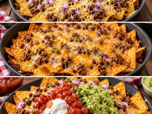 Überbackene Hackfleisch-Nachos mit Guacamole, Salsa und Käse