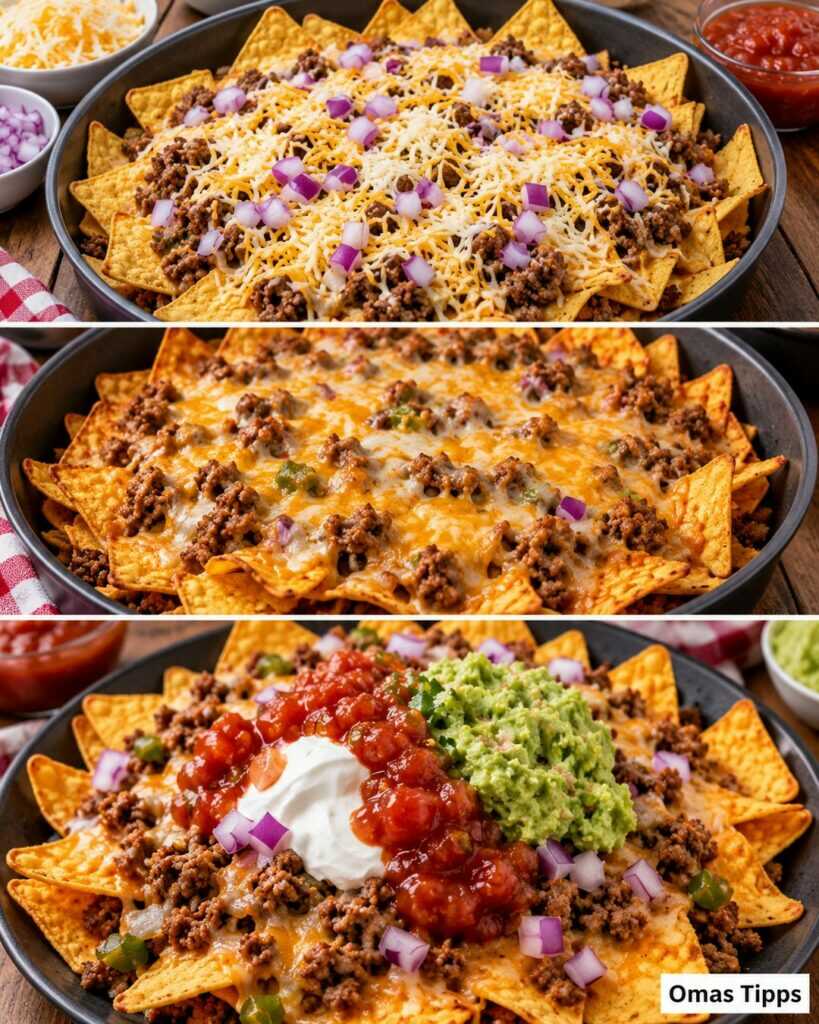 Überbackene Hackfleisch-Nachos mit Guacamole, Salsa und Käse