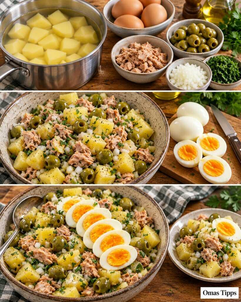 Kartoffelsalat mit Thunfisch, Ei und Oliven – einfach gemacht und voller Geschmack