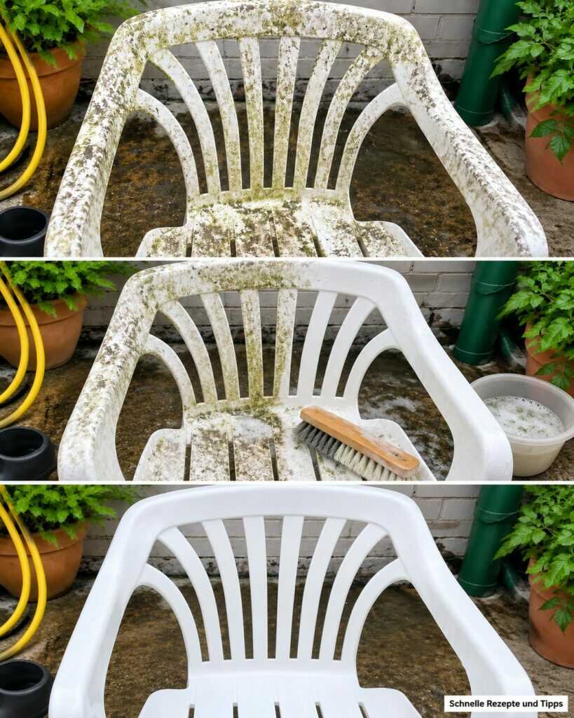 Grauer Belag auf weißen Gartenstühlen? So werden sie mit einfachen Mitteln wieder sauber