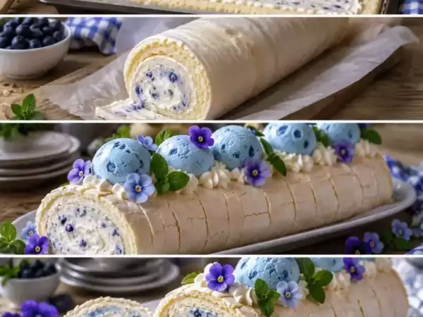 Himmlische Heidelbeer-Baiserrolle mit Vanillecreme – außen knusprig, innen herrlich cremig
