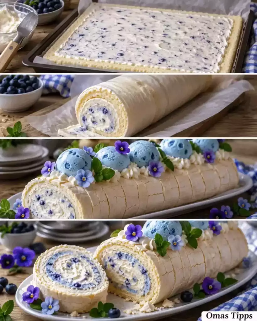 Himmlische Heidelbeer-Baiserrolle mit Vanillecreme – außen knusprig, innen herrlich cremig