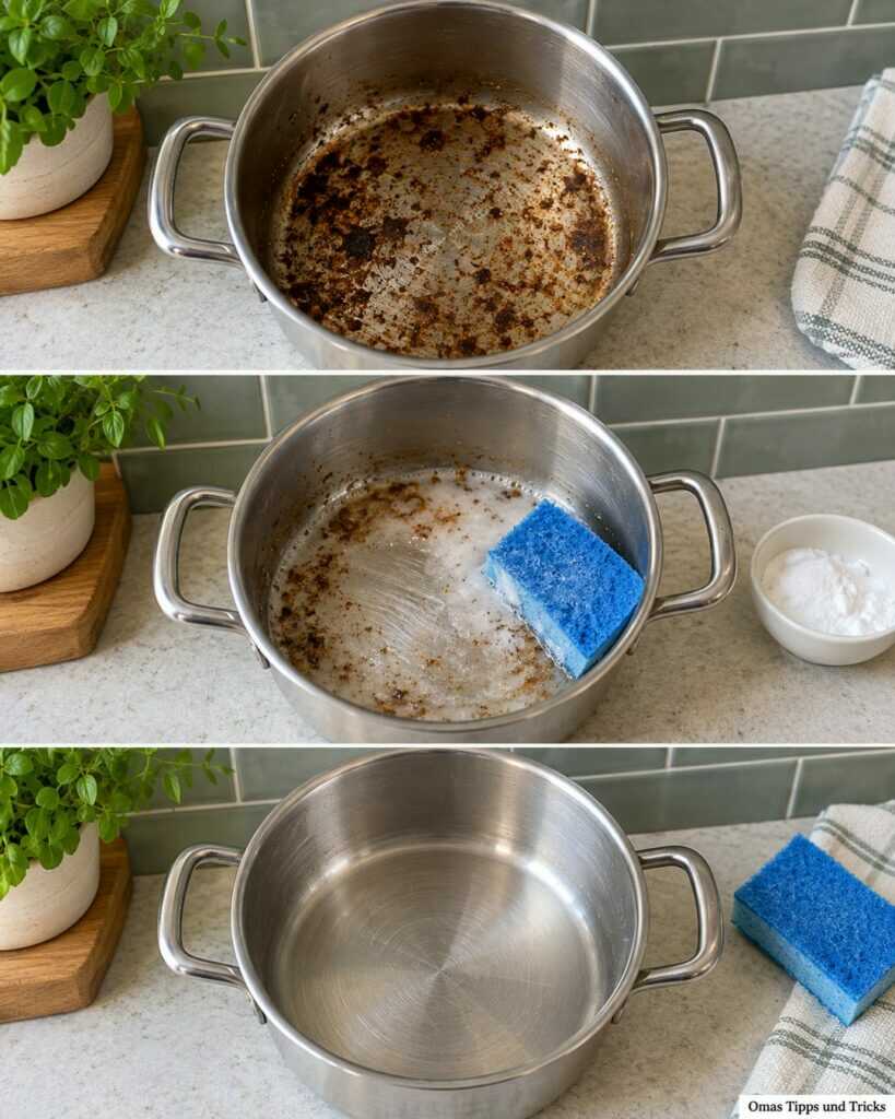 Angebrannten Edelstahltopf reinigen: So lösen Sie die Kruste mit Natron und wenig Schrubben
