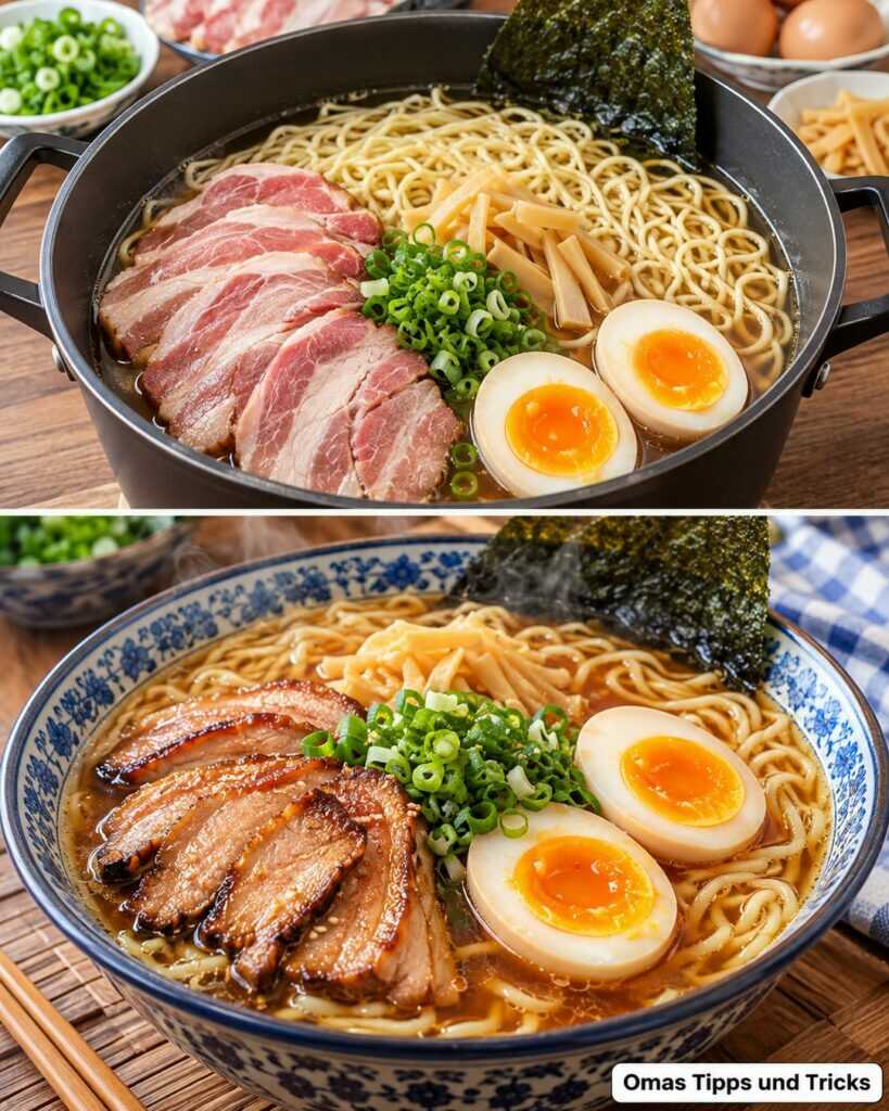 Japanische Ramen mit zartem Schweinefleisch, Ei und würziger Soja-Brühe