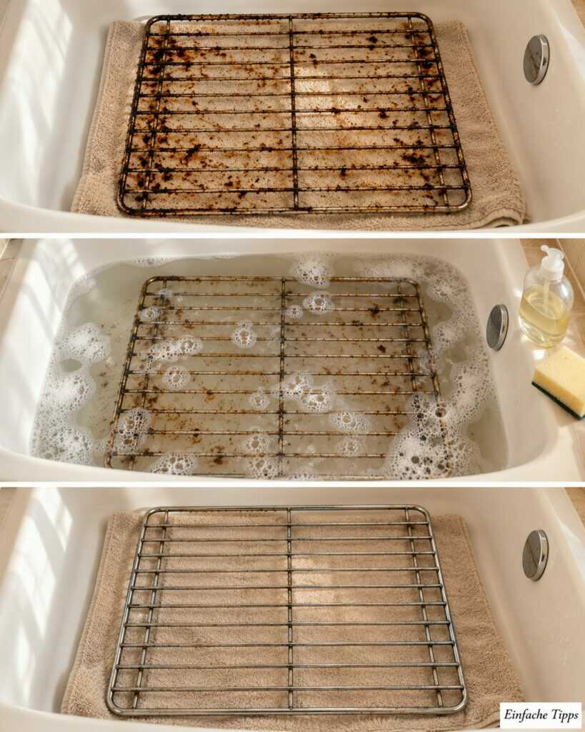 Backofenrost voller Fett? So lösen Sie Eingebranntes mit Spülmittel und etwas Geduld