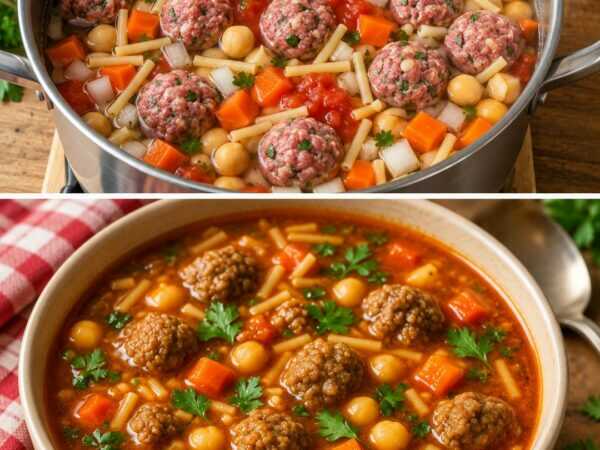 Herzhafte Hackbällchen-Suppe mit Kichererbsen und Nudeln – würzig, sättigend und perfekt für die ganze Familie