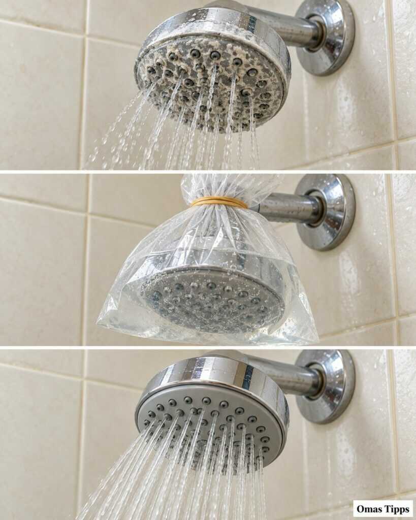Duschkopf verkalkt? So wird der Wasserstrahl wieder gleichmäßig – mit einem einfachen Beutel-Trick