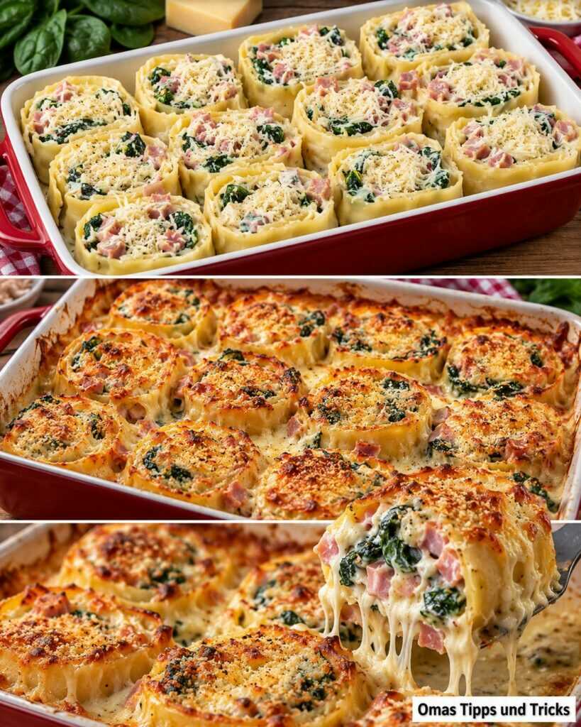 Cremige Lasagne-Röllchen mit Schinken und Spinat – herrlich käsig aus dem Ofen