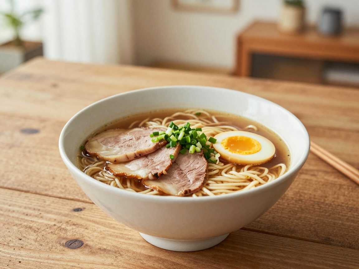 Japanische Ramen mit zartem Schweinefleisch, Ei und würziger Soja-Brühe