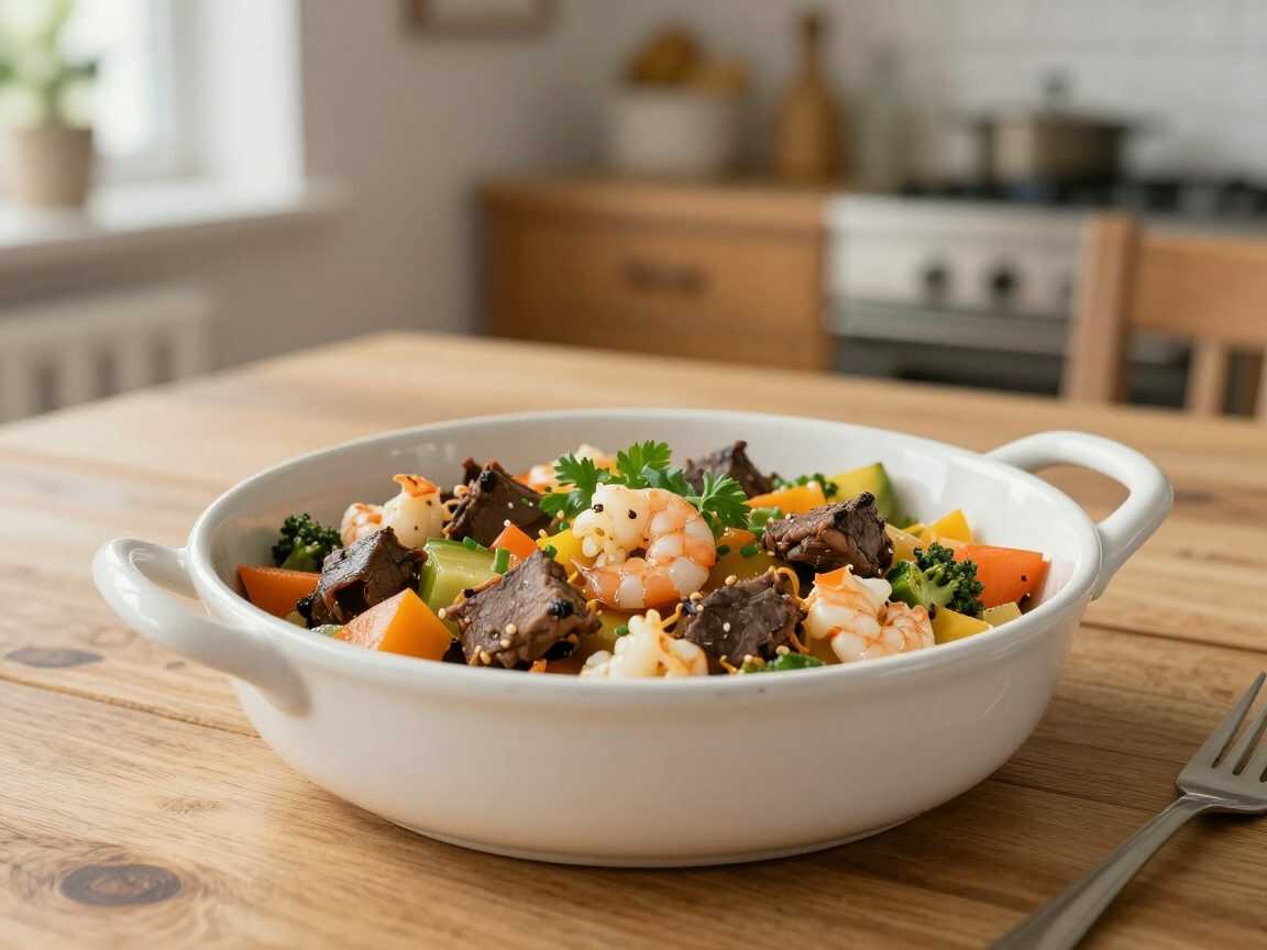 Saftige Asia-Nudelpfanne mit Rind, Garnelen und knackigem Gemüse