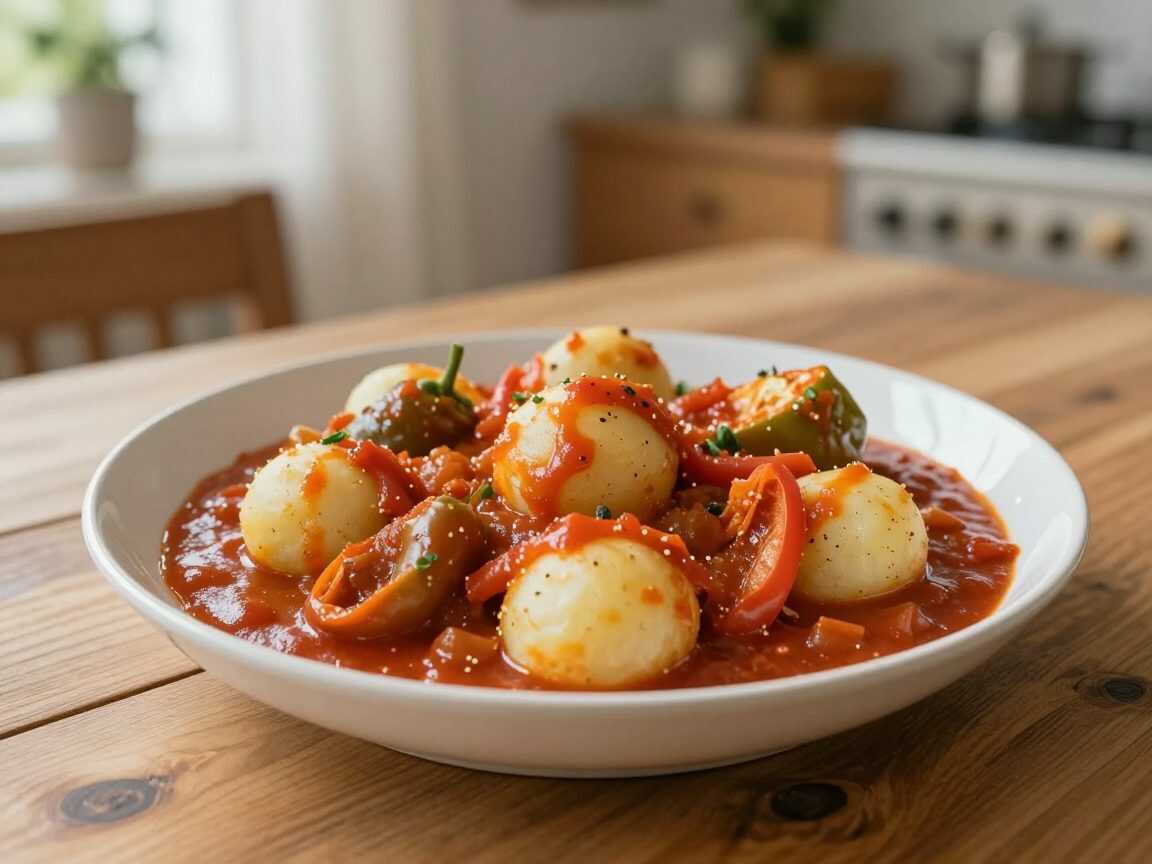 Saftige Ofen-Hackbällchen mit Kartoffeln und Paprika in würziger Tomatensoße
