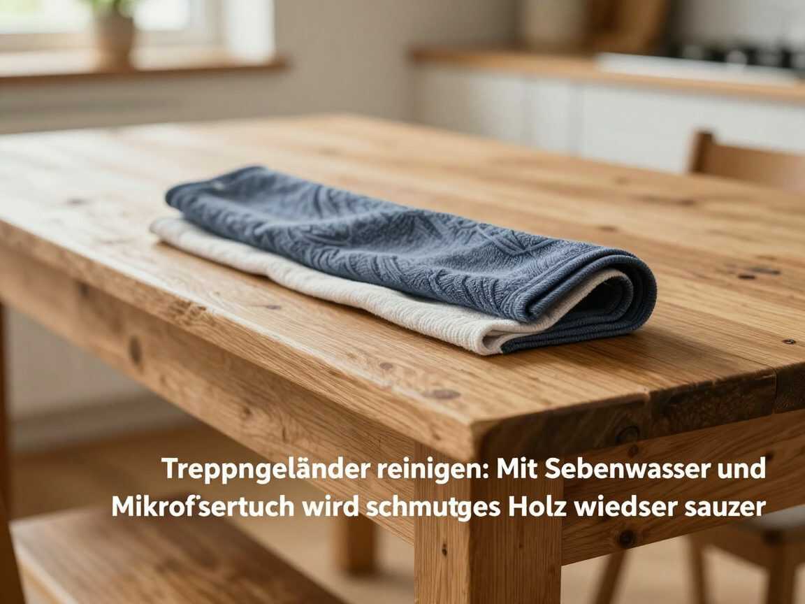 Treppengeländer reinigen: Mit Seifenwasser und Mikrofasertuch wird schmutziges Holz wieder sauber