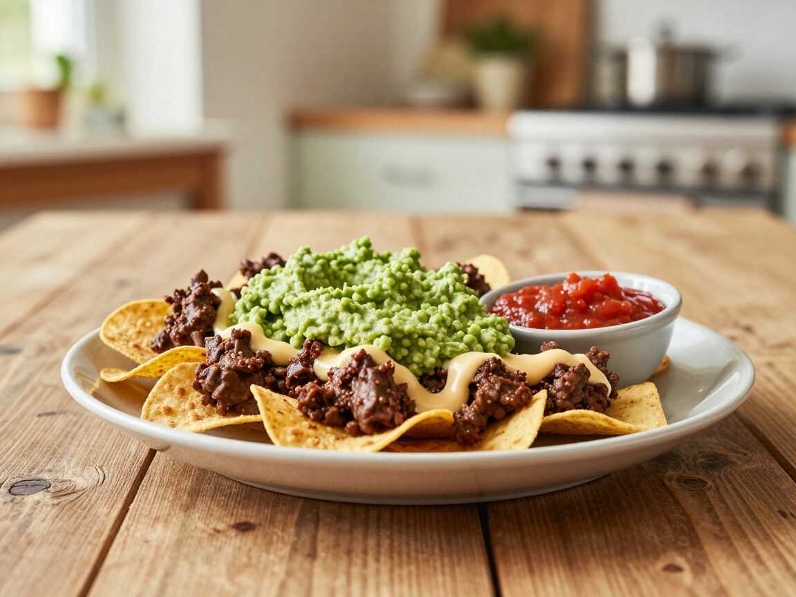 Überbackene Hackfleisch-Nachos mit Guacamole, Salsa und Käse