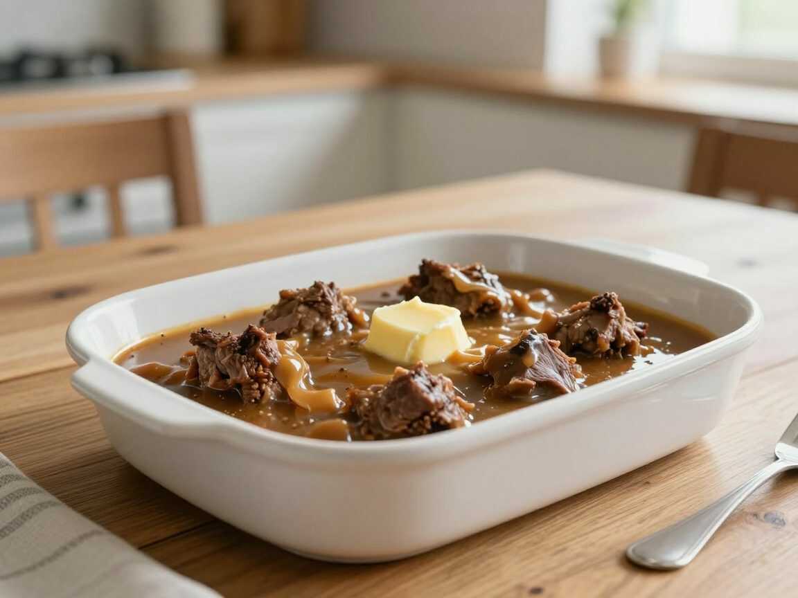 Zart geschmortes Rindfleisch in kräftiger Bratensoße – butterweich aus dem Ofen